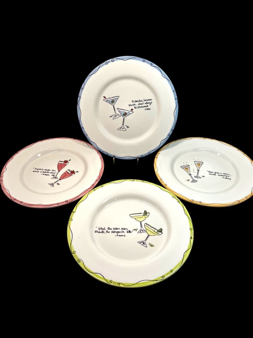 Set Of 4 Decorative Dessert Plates With Cocktail Quotes & Colorful Designs